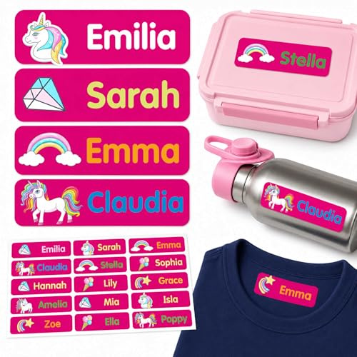 Indigos UG - Namensaufkleber Kinder Schule - 35–105 Sticker 35x10mm - Einhorn pink - Kindergarten - mit Wunschtext personalisierbar - wasserfeste Wäscheetiketten selbstklebend