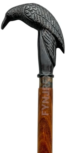 FYNJREX Black Victorian Sitting Crow Raven Steampunk Walking Stick Cane- Black Handle Brown Wooden Walking Cane