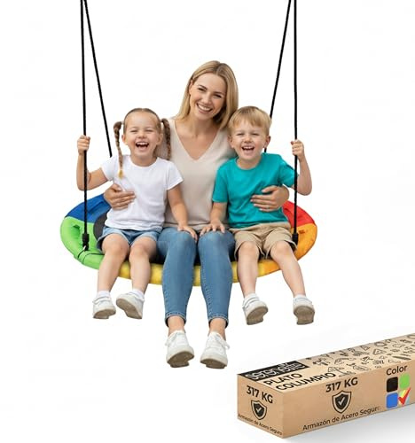 SereneLife Tree Swing Seat, Large Round Saucer Kids Swings, Adults and Kids Nest Swing, Durable Frame, 270kg Capacity, Indoor Outdoor Hanging Rope Swinging Seat for Backyard, Garden and More – Rainbow