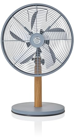 Swan SFA16920GRYN Nordic 12 Inch Desk Fan, 4 Power Levels, Low Noise Output, Grey with Wood Effect Accents