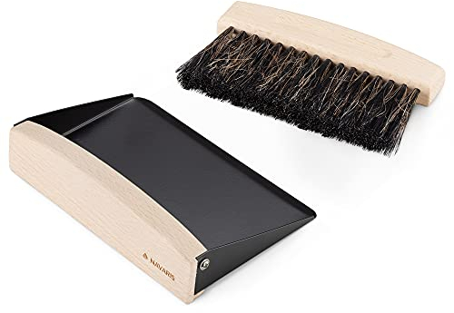 Navaris Tischkehrset aus Holz und Metall - Tischbesen und Schaufel - Mini Handfeger Besen und Kehrblech - Tischbürste Tischkehrer - Kehrset Schwarz