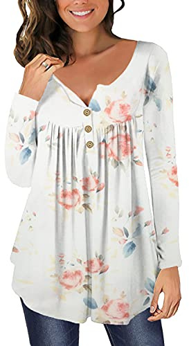 Blus långärmad blusar & tunikor för kvinnor knappar blusar toppar blommor tunika damtoppar, L vit, XL