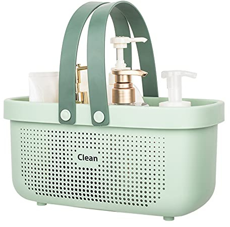 JiatuA Plastic Storage Basket with Handle Portable Shower Caddy Tote Organizer Basket Bin for Bathroom Kitchen Dorm Room Bedroom, Green
