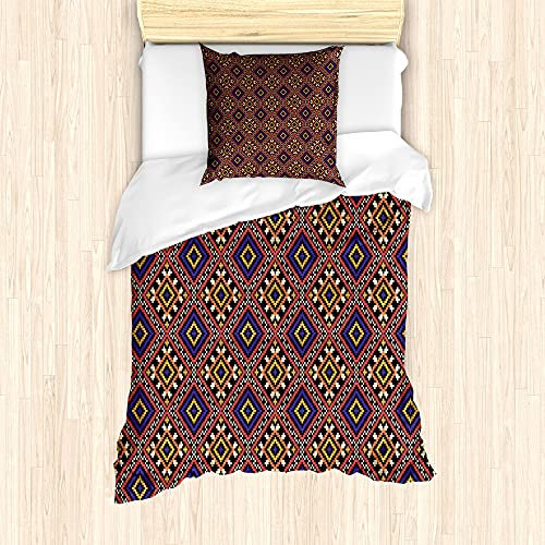 ABAKUHAUS ukrainisch Bettbezug Set für Einzelbetten, traditionelle Geometric, Milbensicher Allergiker geeignet mit Kissenbezug, 135 cm x 200 cm - 80 x 80 cm, Mehrfarbig