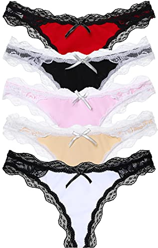 SPFASZEIV Thongs for Women Lace Knickers Silk Thong Sexy Underwear Comfortable Panties for Ladies Girls 5 Pack M