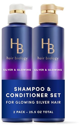 Hair Biology Biotin-Infused Purple Shampoo and Conditioner Set for Grey Hair, Anti-Brassiness, Moisturizing, Color-Safe, Silver & Glowing, Corrects Yellow Tones, 12.8 Fl Oz Each, 2 Pack