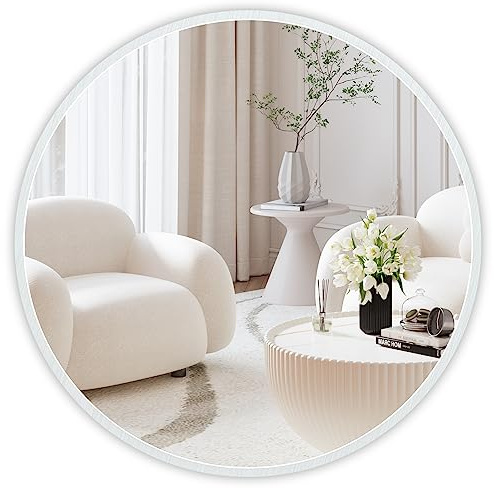 Dripex Rund Wandspiegel 40cm mit Aluminiumrahmen,dekorativer HD Wandspiegel Schminkspiegel für Badzimmer/Ankleidezimmer/Wohnzimmer,unbrechbarer Spiegel (Weiß)
