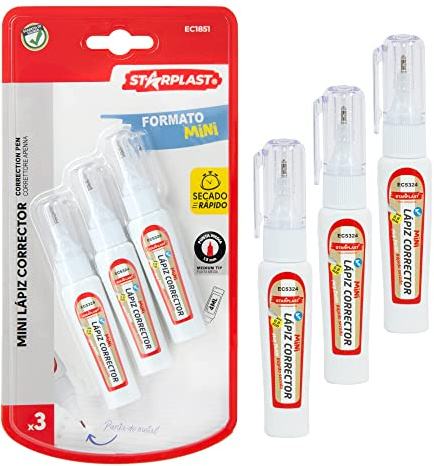 Starplast PACK 3 MINI LAPICES CORRECTORES Lápices líquidos para Escritura, 3x4ml, Formato Mini, Secado rápido, Sujeción cómoda, para la escuela u oficina.