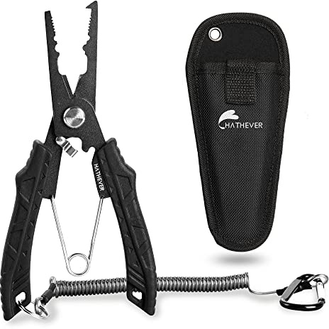 Hathever Stainless Steel Fishing Pliers, Hook Remover Split Ring Pliers with Sheath and Lanyard, Corrosion Resistant Teflon Coated Fishing Gear with Non-Slip TPR Handles | Split Ring Pliers for Fishing, Come with Sheath and Lanyard, Fishing Gifts for Men