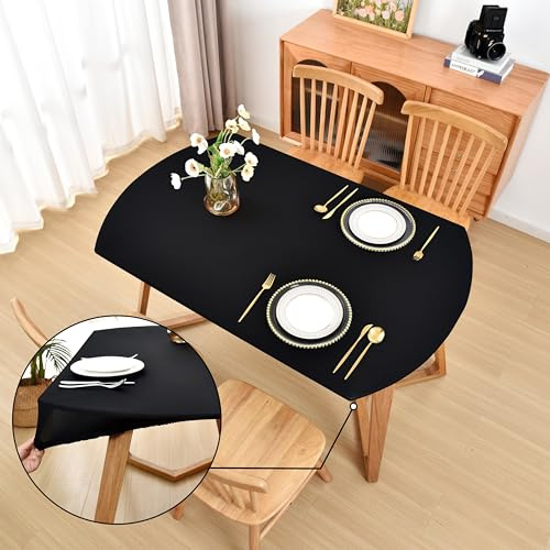 Amonsa Ovale Schwarze Tischdecke mit Gummizug, 122 x 172,7 cm, für ovale Tische, waschbar, dehnbarer Spandex-Stoff, Tischdecke, kein Vinyl-Tischschutz