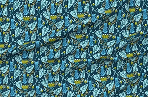 Spoonflower Fabric - Botanical Cats Nature Art Retro Vintage Water Lily Pond Blue Green Printed on Polartec(R) Fleece Fabric by The Yard - Sewing Blankets Loungewear and No-Sew Projects