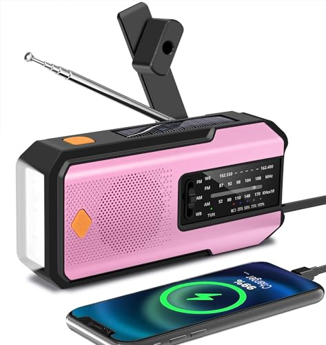 Emergency Hand Crank Radio with 3 LED Flashlight, AM/FM/NOAA Portable Weather Radio with Phone Charger, Solar Powered USB Charged Radio for Indoor Outdoor Camping SOS Alarm (WB01 Pink)