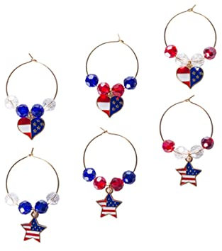OUNONA 6pcs Wine Glass Rings American Flag Heart Star Pattern Glass Makers Identify Label Tags Drink es Marker for Restaurant Hotel Bar Red White Blue Set Quick Open Close