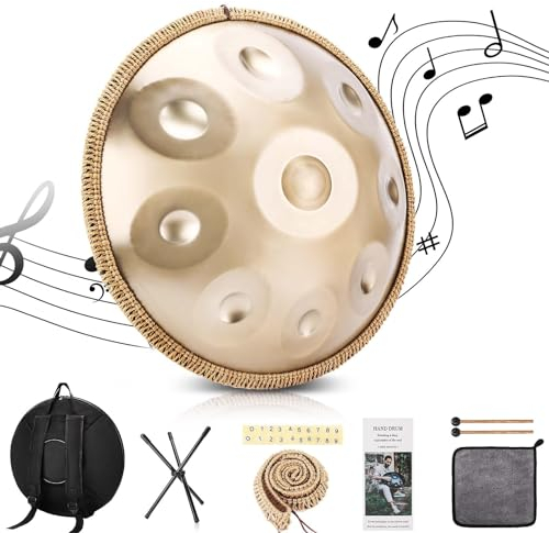 Handpan Drum in D Moll 432Hz 9 Töne 22 Zoll Stahl Pan, mit weicher Handpan Tasche, Handtrommelständer, Schlägeln, Harmonische Percussion, für Klangheilung, persönliche Meditation, Yoga