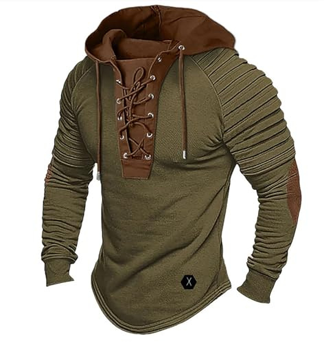 Beokeuioe Men's Vintage Shirt Men's Lace Up Hooded Long Sleeve Shirt Hoodie Long Sleeve Distressed Casual Outdoor Tactical Pullover Shirt with Hood Leisure Shirt Sports T-Shirts