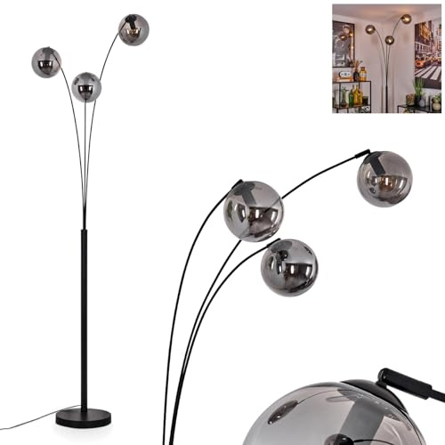 Stehleuchte Gastor, Stehlampe aus Metall/Glas in Schwarz/Rauchfarben, Leuchte im modernen Retro/Vintage-Design mit Schirmen aus Glas (Ø 15 cm) u. Fußschalter, Höhe 210 cm, 3 x E14, ohne Leuchtmittel