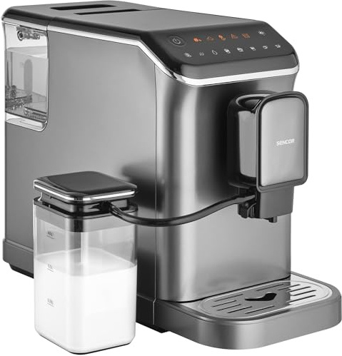 Sencor Macchina da Caffè Espresso a Grani, Schiumalatte SES 8000 - Automatica, Macinatore Integrato, Pannello LED Tattile, Compatta, 20 Bar, Cappuccino e Latte Perfetti