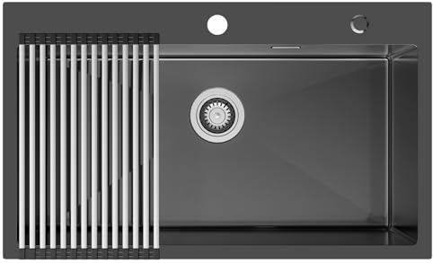 Auralum Lavandino Cucina 75 x 45 cm, Lavello Cucina 1 Vasca con Scolapiatti da Appoggio, Lavabo Cucina Acciaio Inox con Troppopieno, Sifone e Set di Drenaggio, Lavello Cucina Nero Antracite