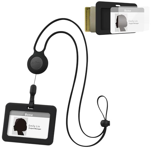 BONE Lanyard Indragbar etiketthållare – ID-kortfodral med smalt hölje, stor kapacitet, flera kortfack, utbytbart snoddband, ID-hållare, etiketthållare, horisontell – svart