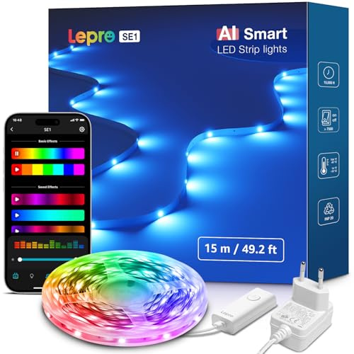 Lepro SE1 AI Tira LED 15M RGB, Luces LED Inteligente, Sincronización Música, Funciona con Alexa y Google Assistant, Diseñador de Iluminación AI Personalizado, Luz WiFi para TV, Juegos, Bares, Fiestas
