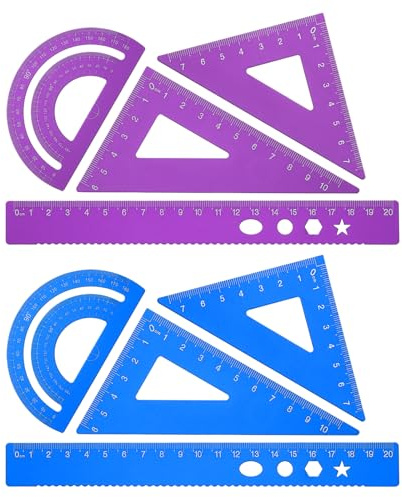 PATIKIL Set di Squadra Triangolare, Righello Metrico da 20cm in Alluminio, Squadra Triangolare 45°60° e Goniometro, 8Pz, Blu/Viola