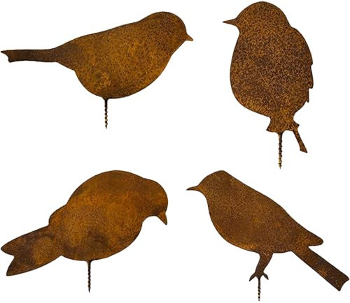 EVDZNA Rost Vögel, Gartenstecker Rost Deko, Rostige Vogel Geformte Gartendekoration, 4 Edelrost Vögel mit Schraube, Metall Rost Dekoration, Geeignet für Garten, Innendekoration, Rostfarben