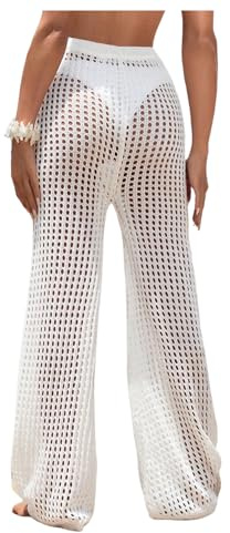 COZYEASE Women's Beach Cover Up Pants Hollow Out Drawstring Elastic High Waist Bathing Suit Cover Up Beach Pants Pure White Large