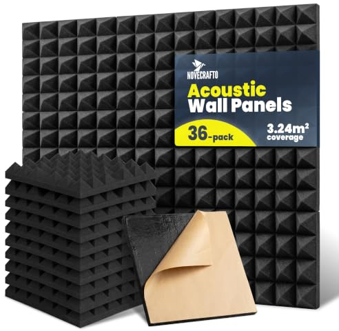 NOVECRAFTO Self-Adhesive Acoustic Wall Panels, 36 Pack (3.24 m²) | 5 cm Thick, Black Pyramid Sound Absorbing Panels, NRC 0.8 Echo Reduction, 35 kg/m³ High-Density Foam for Home & Studio