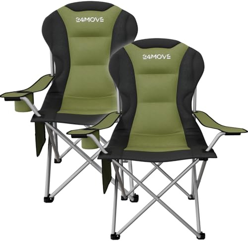 24MOVE® Campingstuhl faltbar bis 150 kg, 2er Set, Faltstuhl Angelstuhl Klappstuhl Gepolstert mit Armlehnen, Getränkehalter + Tasche mit hoher Rückenlehne, Strandstuhl, Klapphocker, grün