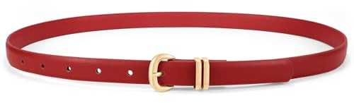 WHIPPY Schmaler Ledergürtel für Damen Modischer Damen Taillengürtel für Jeans Hosen Kleider mit Goldener Schnalle, Rot, 100cm