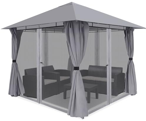 Sekey Garten Pavillon 3x3 m Wasserdicht Stabil Partyzelt, Garten Pavillon mit Moskitonetz，Gartenzelt mit 4 Seitenteile Reißverschluss, 180g/㎡ Polyester, Antrazit, Antrazit