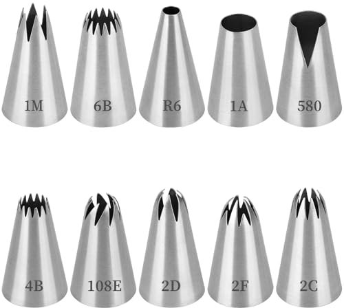 Bomtop Set di 10 Beccucci per Sac a Poche Grandi Professionali Beccuccio Grande Inox Bocchette Decorative Accessori per Decorare Cupcakes, Torte, Zeppole, Biscotti, Pasticceria