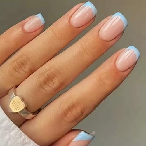 Baby Blue French Tip False Nails - Square Press On Nails Short - French Coffin Fake Nails With Glue - Removable Full Cover Acrylic Stick On nails For Women Girls Daily Wear Nail Art Gifts Accessories