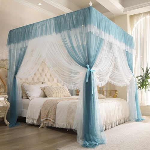 LUOZIQINX Prinzessin Moskitonetz Bett, LuxuriöSe Betthimmel aus Mesh & Stoff, Doppelschichtiges Baldachin für Die Schlafzimmerdekoration,Blau,180x200x210cm