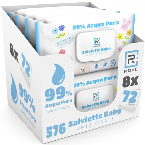R MOVE 576 salviette neonato umidificate acqua pura 99%, 8 confezioni da 72 salviettine bambini water, coperchio salvafreschezza, idratanti, igienizzanti e rinfrescanti, mani e corpo