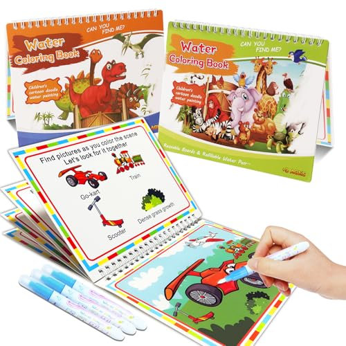 3 Wassermalbuch Set mit Malbuch und Stift, Wiederverwendbares Wasser Bilderbuch, Magisches Wasser Magic Kinder Bilderbuch, Malbuch Mit Stift, Geeignet für Kinder im Alter von 1-6 Jahren
