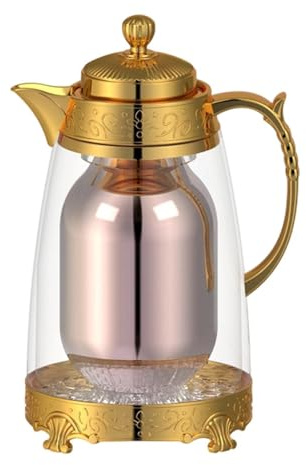 Dickly Insulated Thermal Coffee Carafe, Arabic, 1L, Home Ornament, Thermal Pot, Housewarming Gift, with Spout, Glass Panel, Outdoor Teapot, Golden