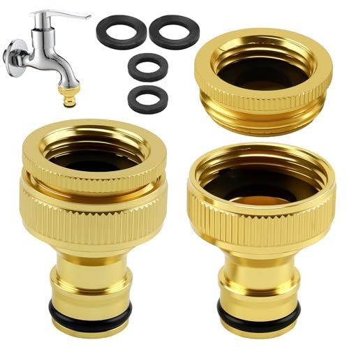JCSJK Brass Garden Hose Tap Connector, 2-in-1 Female Threaded Adapter for 3/4 Inch & 1/2 Inch Outdoor Tap Hosepipe Fittings, Faucet Connector for Kitchen and Garden (2 Pcs)