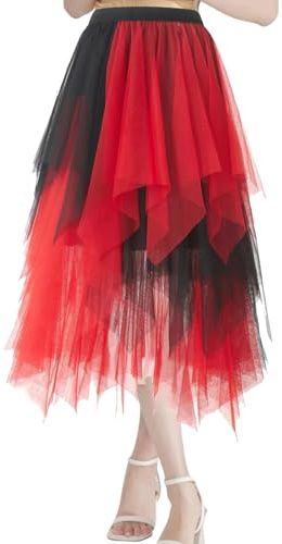 YOUYIKE Falda Tul Mujer Plisado Asimétricas Irregular Plisada Malla Falda Bruja Mujer Larga para Halloween Carnaval Fiesta Boda (FR/ES, Letras, Talla única, Regular, Regular, Rojo Negro)