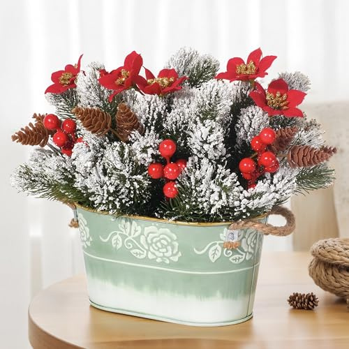 Artificial Christmas Table Centerpiece with Snowy Norfolk Pine, Red Poinsettias, Berries & Pine Cones in Festival Flower Pattern Metal Box, Xmas Table Decoration for Home, Kitchen, Office or Mantel