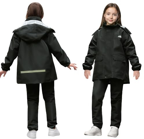 Baogaier Combinaison de Pluie pour Fille Garçon, Imperméable Veste et Pantalon, Enfants Léger Coupe-vent Vêtements de Pluie avec Sac de rangement, pour Vélo Randonnée, 13-14 Ans, Noir