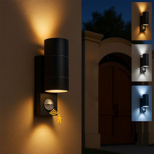 PIR Motion Sensor Outdoor Wall Lights，3CCT GU10 Bulbs IP44 Stainless Steel Up Down Exterior Wall Sconce, Front Door Wall Light, Mains Powered Outside Wall Lights for Garden, Patio,Porch, Garage