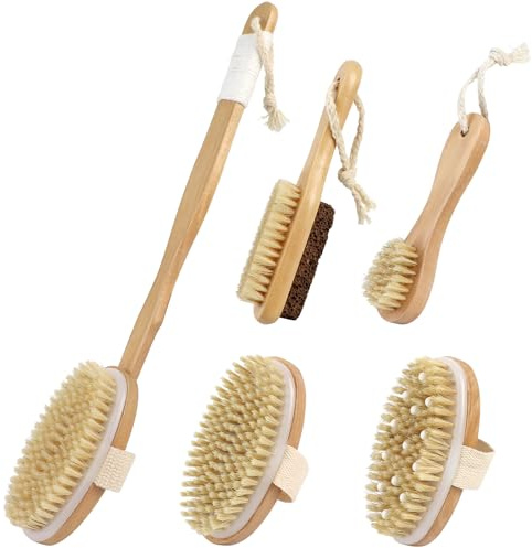 Spazzola Schiena Doccia Manico Lungo, 5 pezzi Spazzola Schiena Doccia, con 3 Spazzola Bagno Testa, 41 cm Spazzola Bagno Schiena con Manico Lungo, Spazzola Corpo per Uso Asciutto e Bagnato