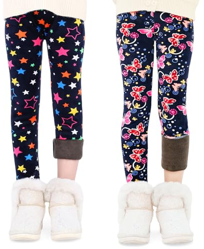FILOWA Termiska leggings för flickor, 2-pack, fleecefodrade termoleggings med hög midja, barn, tryckta varma byxor, elastiska, långa termobyxor, höst, vinter, leggings för tonåringar 4–11 år, storlek