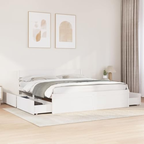 Qnhdfrt White Super King Bed Frame 180x200 cm with 4 Spacious Drawers Solid Pine Wood Plywood Slats 205.5x185.5x78 cm Modern Storage Solution for Bedroom