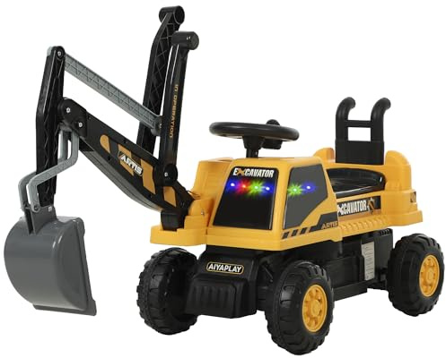 AIYAPLAY Escavatrice con paletta, per bambini, con struttura girevole, schienale regolabile, escavatore giocattolo per sedersi fino a 25 kg, per bambini da 1,5 a 3 anni, colore giallo