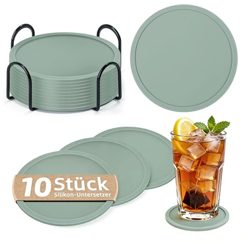 HELIMIAO Set di 10 sottobicchieri e tappetini per bere in silicone con proprietà antiscivolo per proteggere le superfici, completo di portabicchieri.