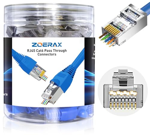 50 Pack Cat 6A Shielded Pass Through RJ45 Connectors with 50 Pack Strain Relief Boots, Modular Plug 3-Prong Gold Contacts 1.20mm RJ45 Pass Through Connector for Solid or Stranded STP Network Cable