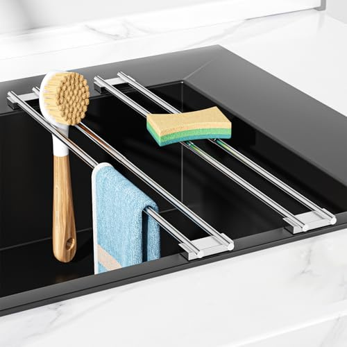 XILIMOR Soporte para Trapos de Cocina, Escurridor Estropajos Fregadero, Ajustable Soporte Esponja Fregadero, Escurridor para Escobillas Metálico, Esponjas, Cepillos y Botellas (2, Plata)