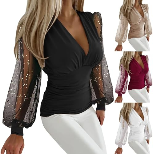 Chemise Tee Shirt Femme Manches Longues Col V Haut Paillettes Tenue Sexy | Tunique De Plage Haut Femme Chic Et Elegant Top Femme Ete Tenue Vetement Sortie Voyages Vacances T Shirt Fête Travail Bureau